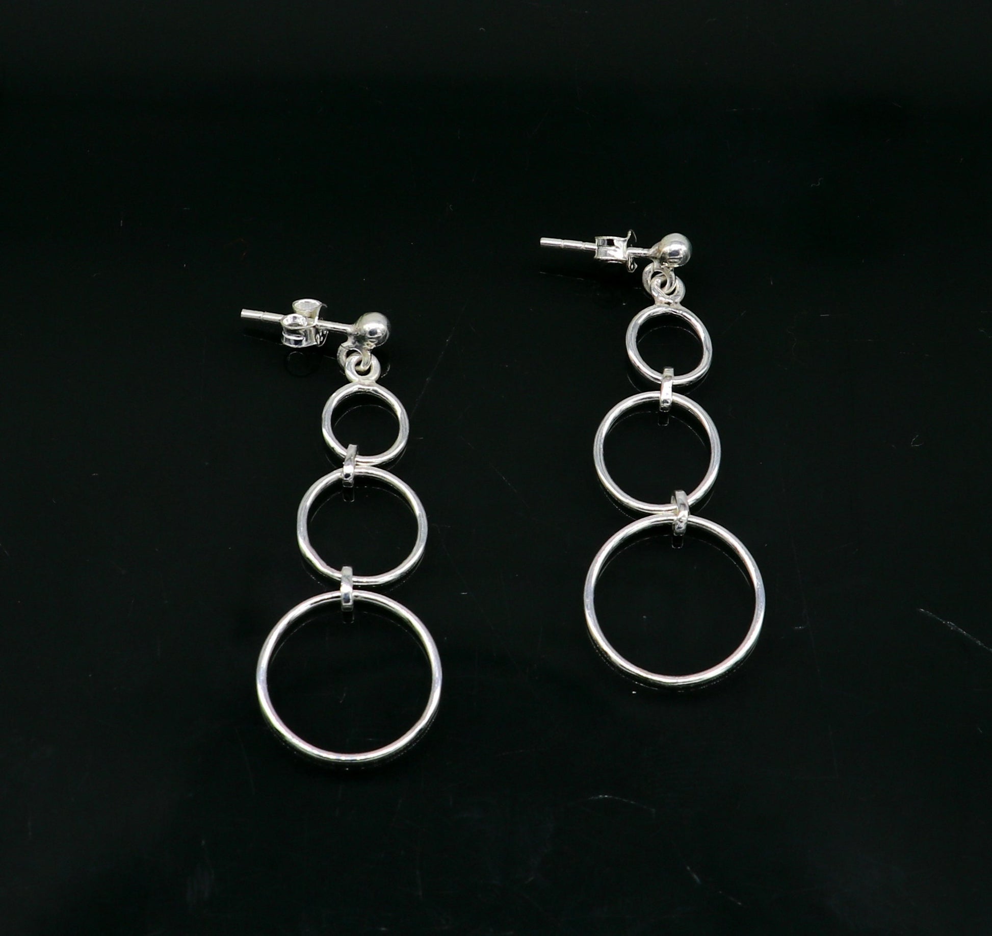 Genuine 925 sterling silver 3-circle dainty stud earring with drop dangle geometric design, stylish gift for her.