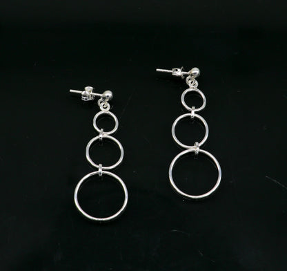 Genuine 925 sterling silver 3-circle dainty stud earring with drop dangle geometric design, stylish gift for her.