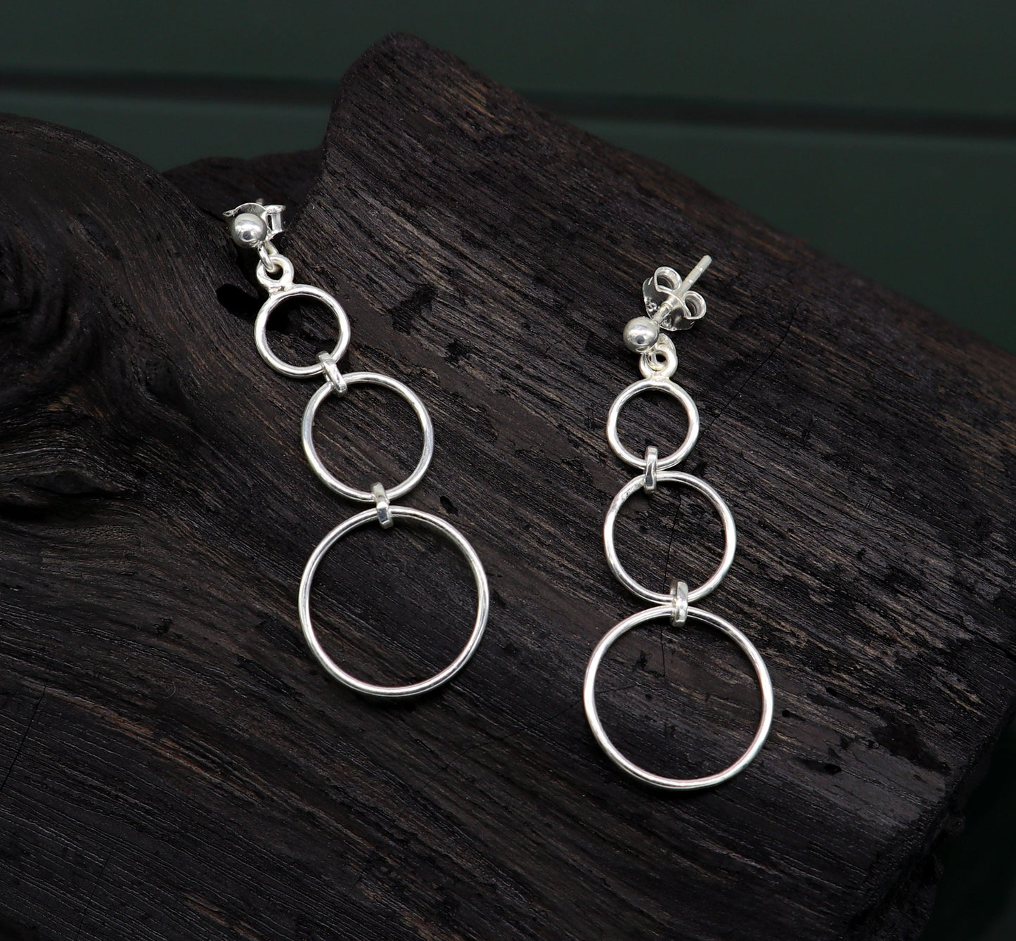 Sterling silver 925 dainty stud earring with three circle geometric design, drop dangle style, from TRIBAL ORNAMENTS.