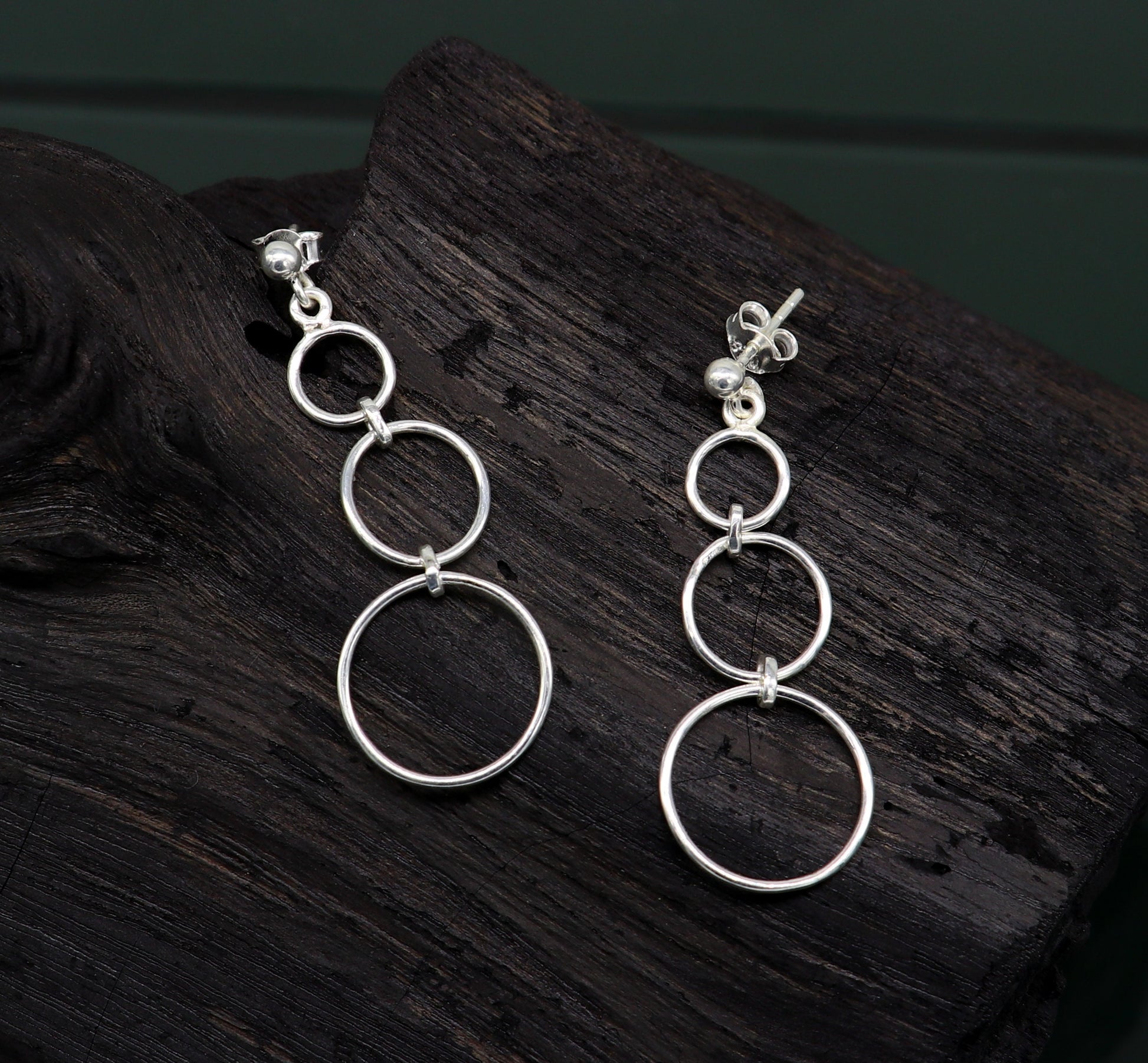 Sterling silver 925 dainty stud earring with three circle geometric design, drop dangle style, from TRIBAL ORNAMENTS.
