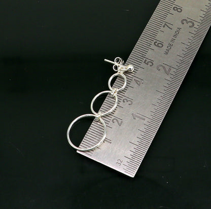 Genuine 925 sterling silver customized 3-circle dainty stud and drop earring with geometric design, ideal for her.