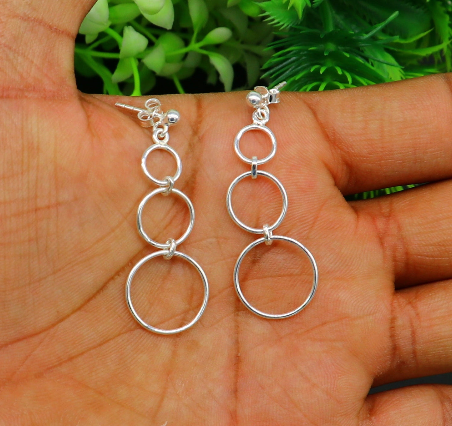 Sterling silver 925 dainty stud earrings with three circle geometric design, drop dangle style, suitable for gifting.