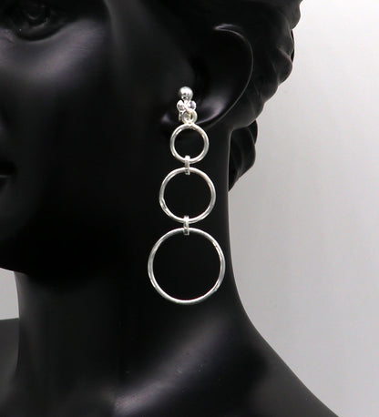 Genuine 925 sterling silver custom 3-circle dainty stud and dangle geometric earrings by TRIBAL ORNAMENTS.