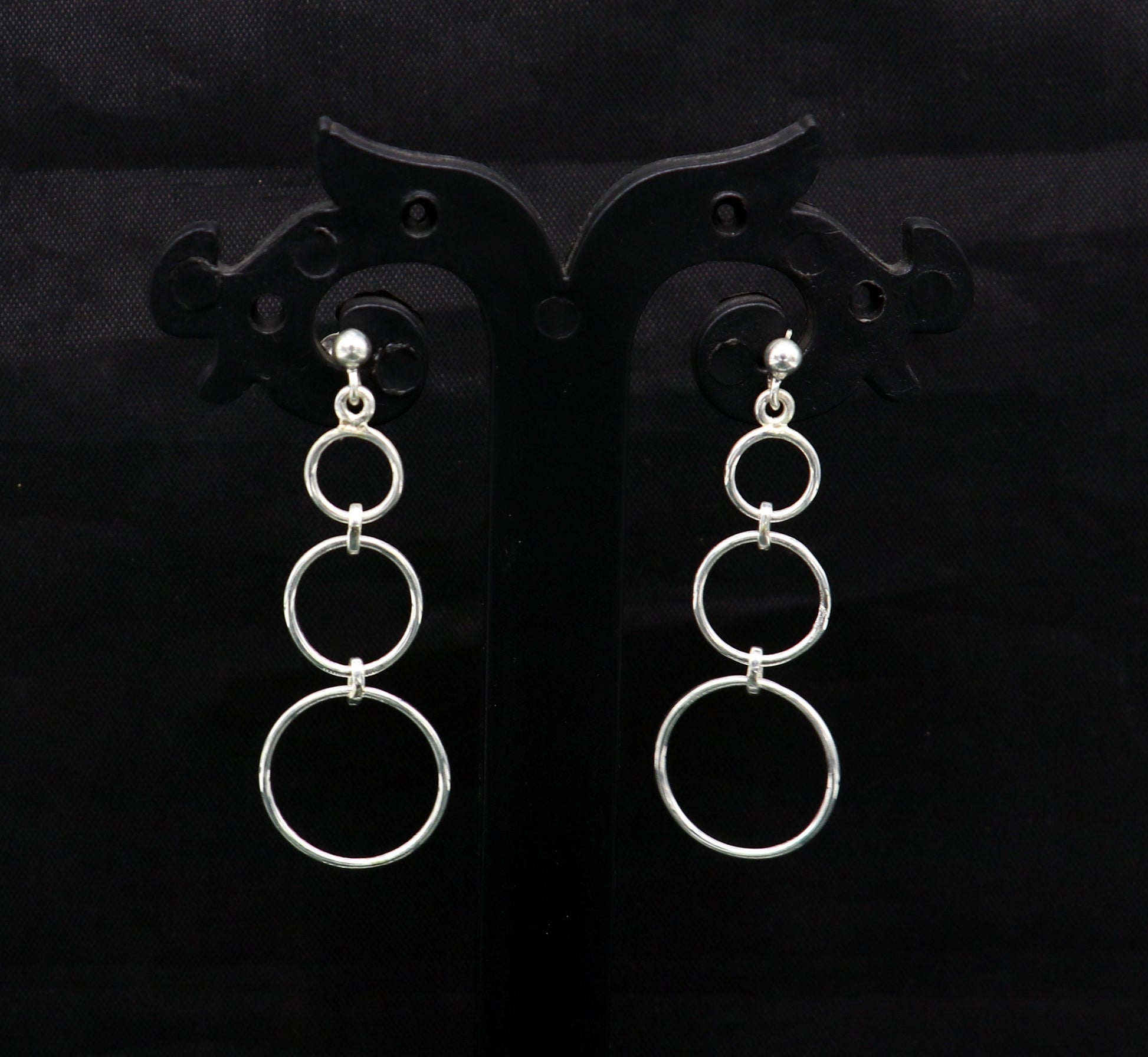 Sterling silver 925 customized 3-circle dainty stud and drop geometric earrings by TRIBAL ORNAMENTS.