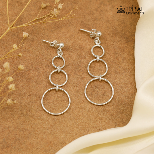 Genuine 925 sterling silver dainty stud earrings with three circle geometric design, drop dangle style, from TRIBAL ORNAMENTS.