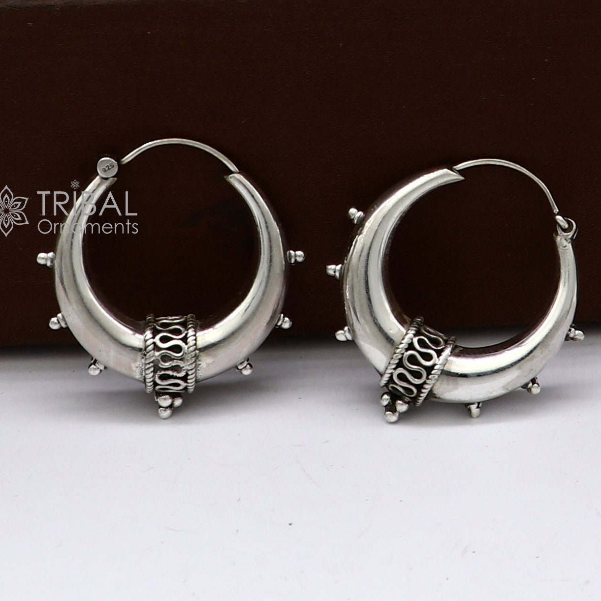 Handmade 925 sterling silver hoop earrings with a plain, shining finish, Bali-style tribal jewelry for unisex belly dance and tribal wear