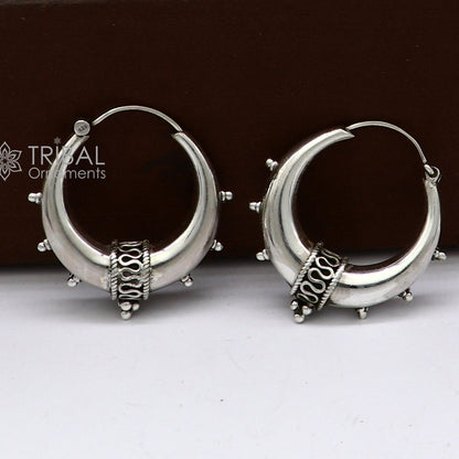 Handmade 925 sterling silver hoop earrings with a plain, shining finish, Bali-style tribal jewelry for unisex belly dance and tribal wear