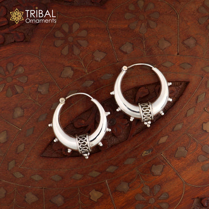 Handmade 925 sterling silver hoops earrings with a plain, shiny finish, Bali-inspired tribal style for unisex belly dance jewelry.