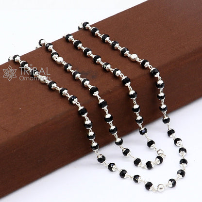 Handmade 925 sterling silver black beaded Nazariya chain for girls and kids, featuring intricate tribal ornament design.