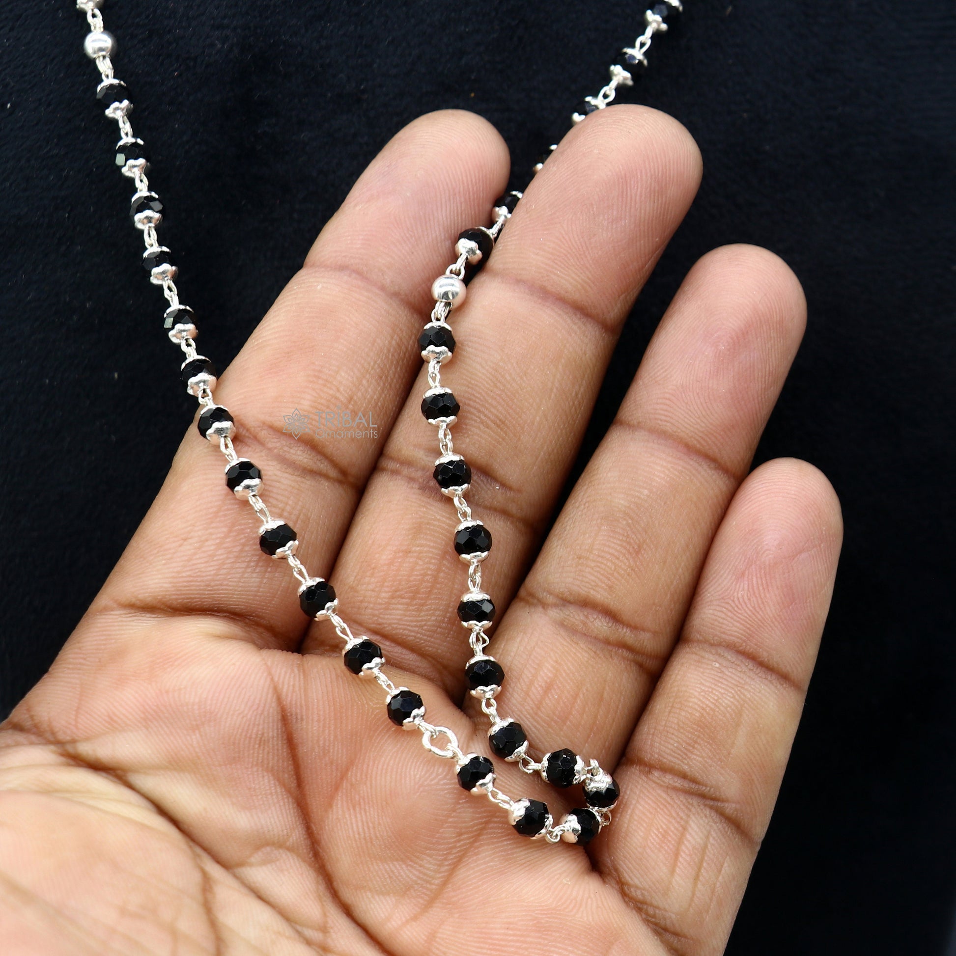 Handmade 925 Sterling silver black beaded Nazariya chain for girls and kids by Tribal Ornaments.