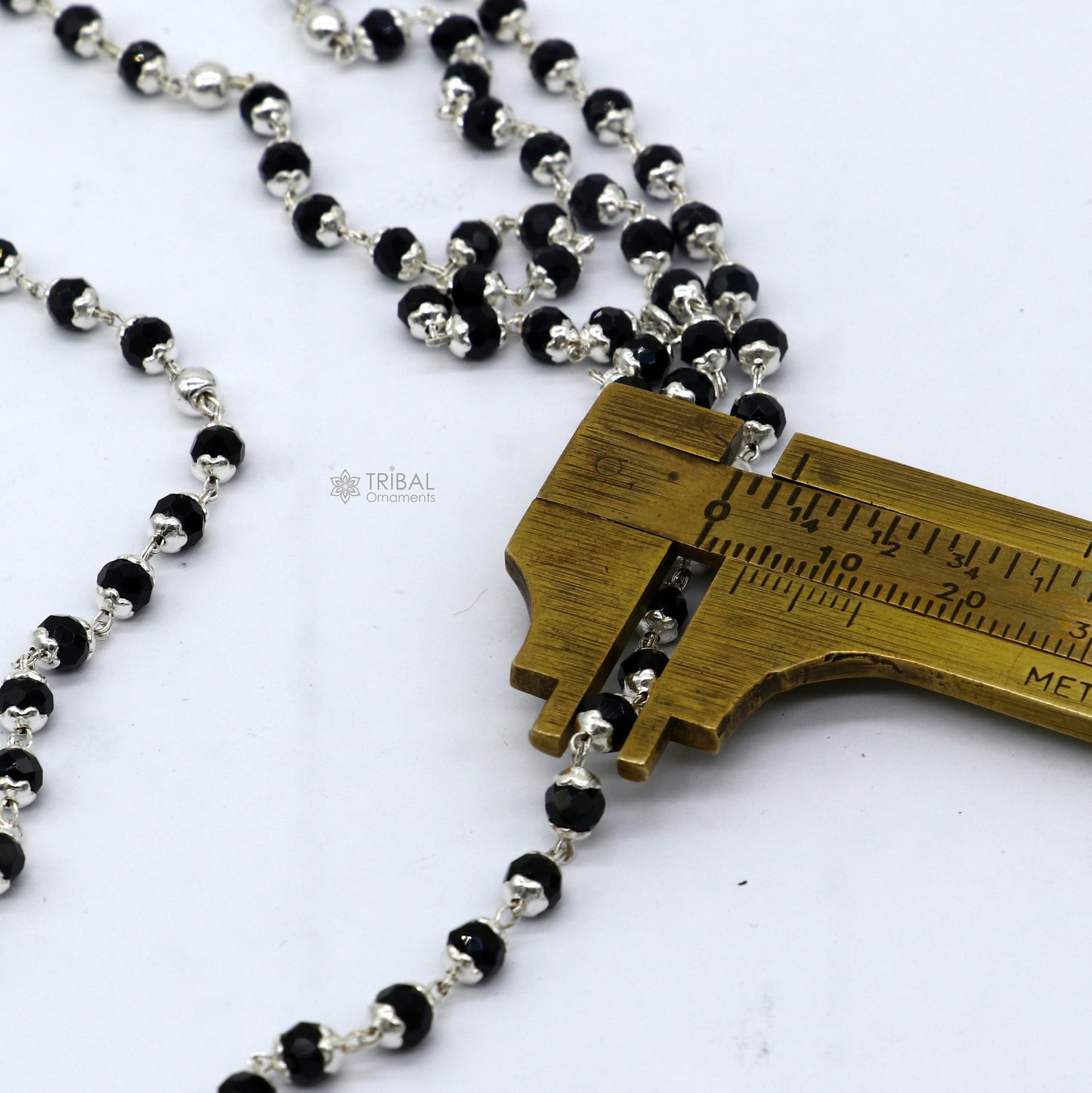Handmade 925 sterling silver black beaded Nazariya chain for girls and kids, crafted by TRIBAL ORNAMENTS.