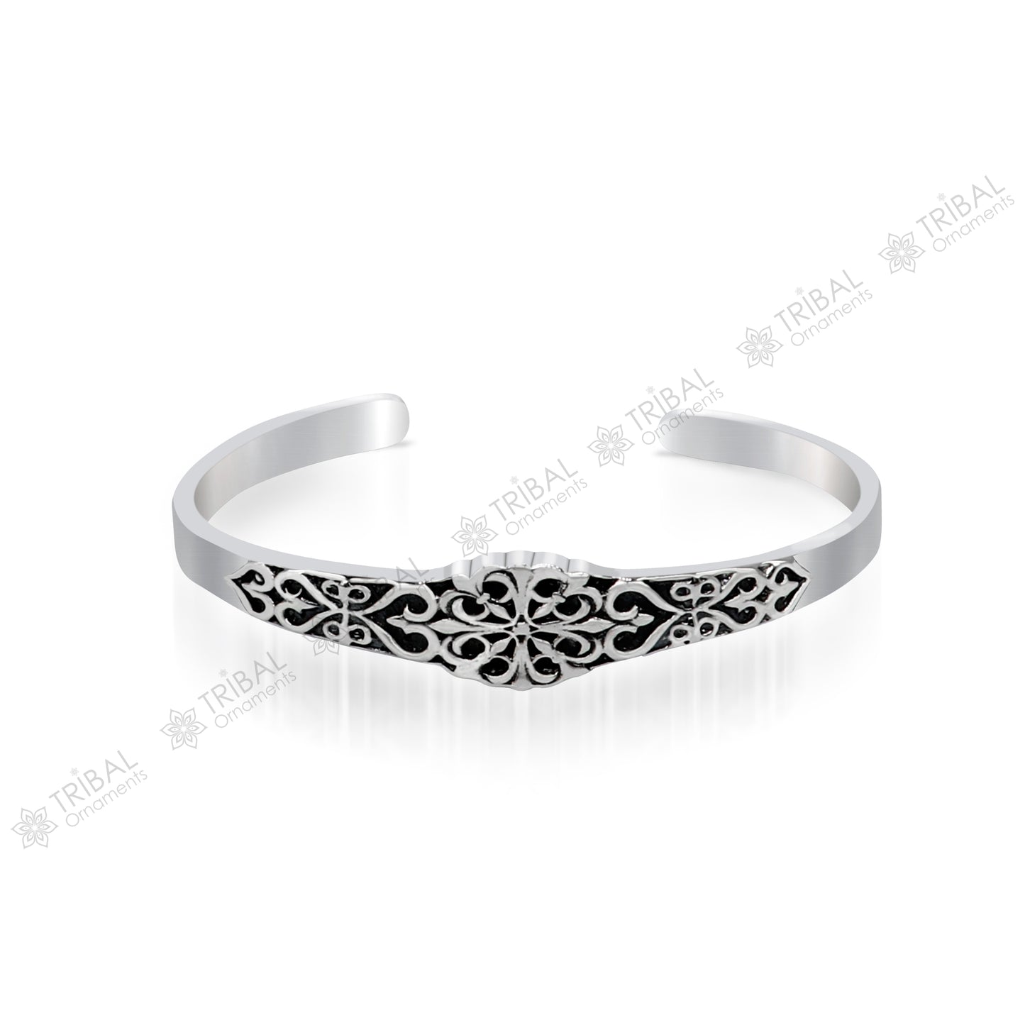 Unisex 925 sterling silver open face cuff bangle bracelet with intricate tribal design, handmade tribal ornaments jewelry.