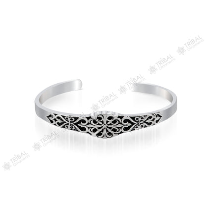 Unisex 925 sterling silver open face cuff bangle bracelet with intricate tribal design, handmade tribal ornaments jewelry.