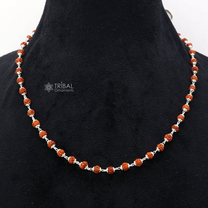 Handmade 925 Sterling silver necklace with natural Rudraksh beads, 24 inches long, crafted by Tribal Ornaments.
