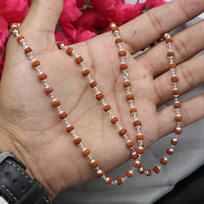 Handmade 925 Sterling silver necklace with natural Rudraksh beads, 24 inches long, by TRIBAL ORNAMENTS.
