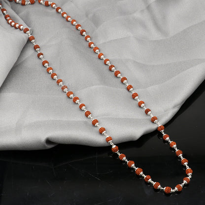 Handmade 925 Sterling silver necklace with natural Rudraksh beads, 24 inches long, crafted by TRIBAL ORNAMENTS.
