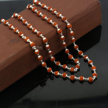 Handmade 925 Sterling silver necklace with natural Rudraksh beads, 24 inches long, from Tribal Ornaments.