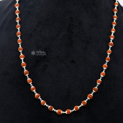 Handmade 925 sterling silver necklace with natural Rudraksh beads, 24 inches long, from Tribal Ornaments.