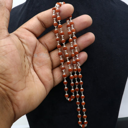 Handmade 925 Sterling silver necklace with natural Rudraksh beads, 24 inches long, crafted by Tribal Ornaments.