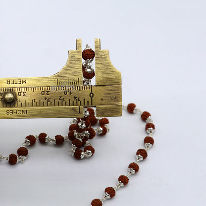 Handmade 925 Sterling silver necklace with natural Rudraksh beads, 24 inches long, crafted by TRIBAL ORNAMENTS.