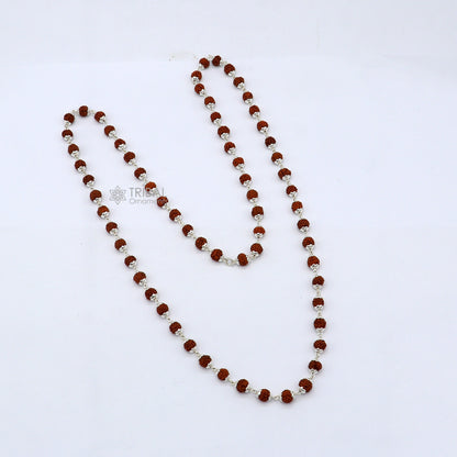 Handmade 925 Sterling silver necklace with natural Rudraksh beads, 24 inches long, crafted by Tribal Ornaments.