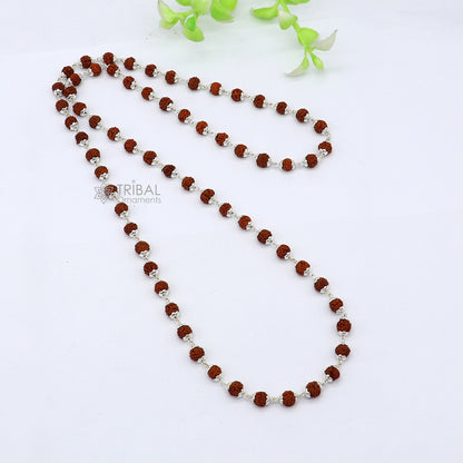 Handmade 925 Sterling silver necklace with natural Rudraksh beads, 24 inches long, from TRIBAL ORNAMENTS.