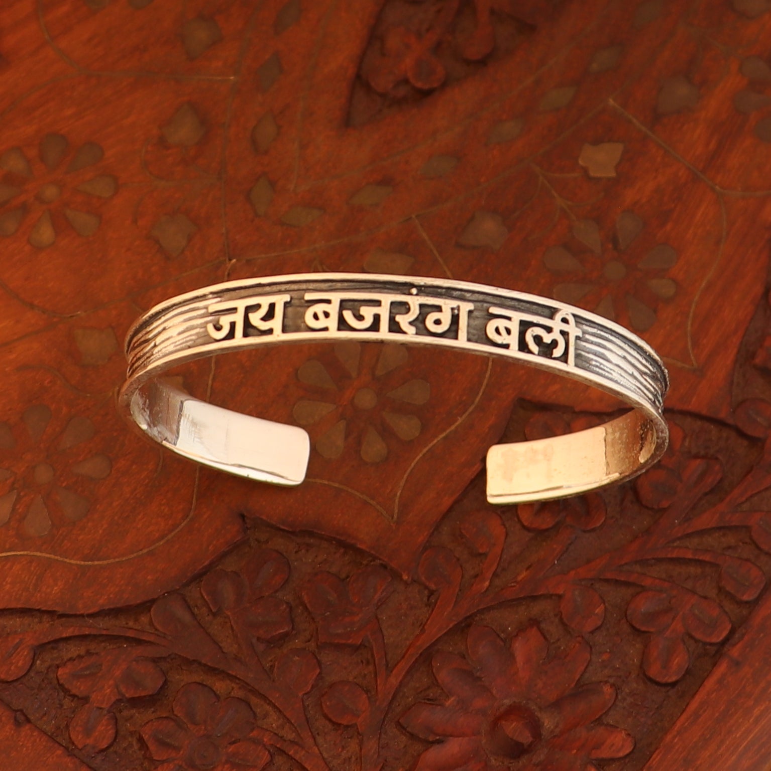 Handmade 925 Sterling silver Lord hanuman kada bracelet mantra bracelet "JAY BAJARANG BALI "Adjustable cuff kada cuff227 - TRIBAL ORNAMENTS