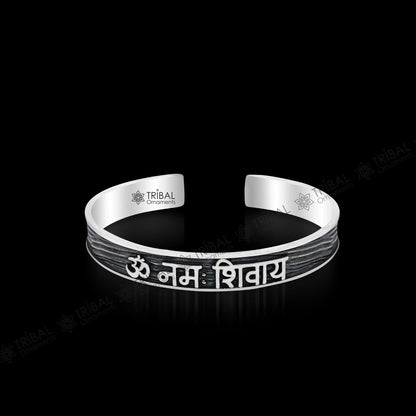 Sterling silver "Aum Namah Shivay" mantra adjustable bangle cuff bracelet for men and women, featuring Lord Shiva design.
