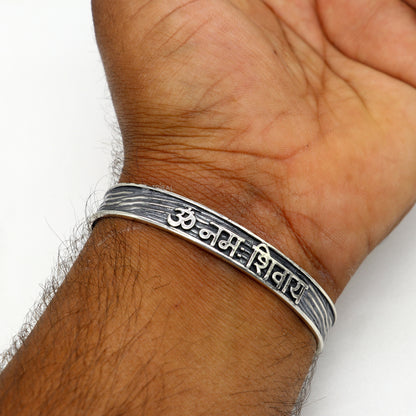 925 Sterling silver Aum Namah Shivay mantra adjustable cuff bracelet for men and women, handmade tribal bangle with Lord Shiva design.