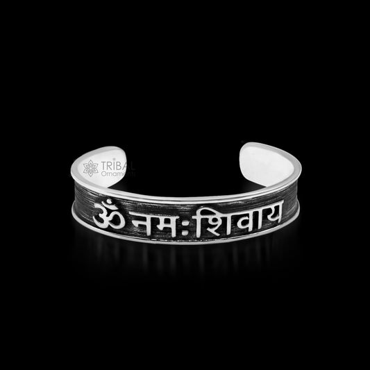 Handmade 925 Sterling silver solid kada bracelet mantra bracelet "aum namah shivay "open face kada from rajasthan india nsk42 - TRIBAL ORNAMENTS