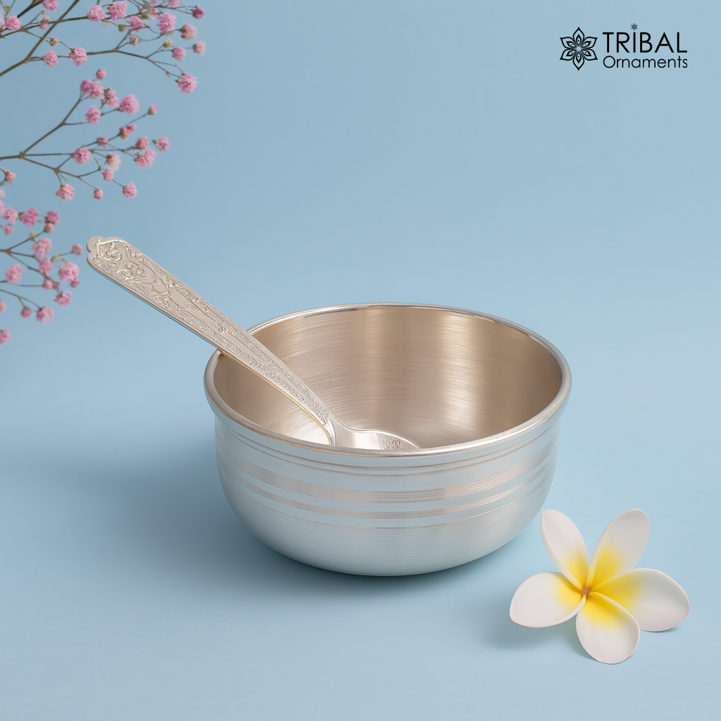 Handmade 99.9% solid pure silver baby bowl with small spoon silver vessels, daily use silver utensils for your healthy baby or kids sv12 - TRIBAL ORNAMENTS