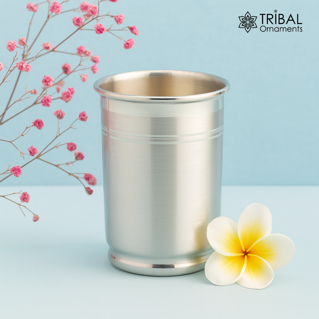 Handmade 999 fine silver water/milk Glass tumbler, silver flask, baby kids feeding water milk silver utensils for stay healthy family sv178 - TRIBAL ORNAMENTS