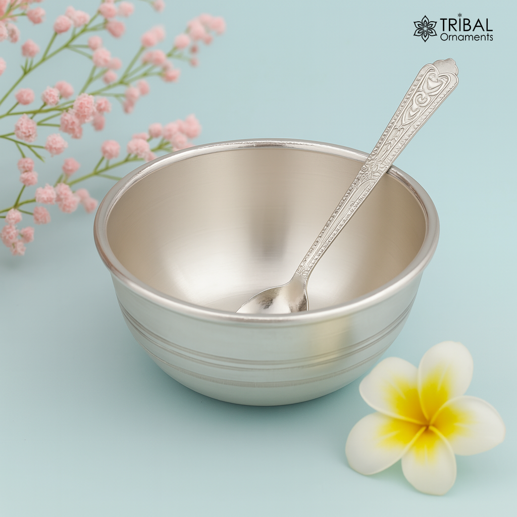 Handmade 999 fine solid silver bowl tray for baby food, pure silver vessels, silver utensils, home and kitchen accessories india sv27 - TRIBAL ORNAMENTS