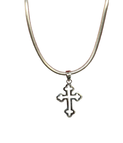 Sterling silver cross pendant by TRIBAL ORNAMENTS, stylish unisex jewelry with intricate design, personalized gift accessory.