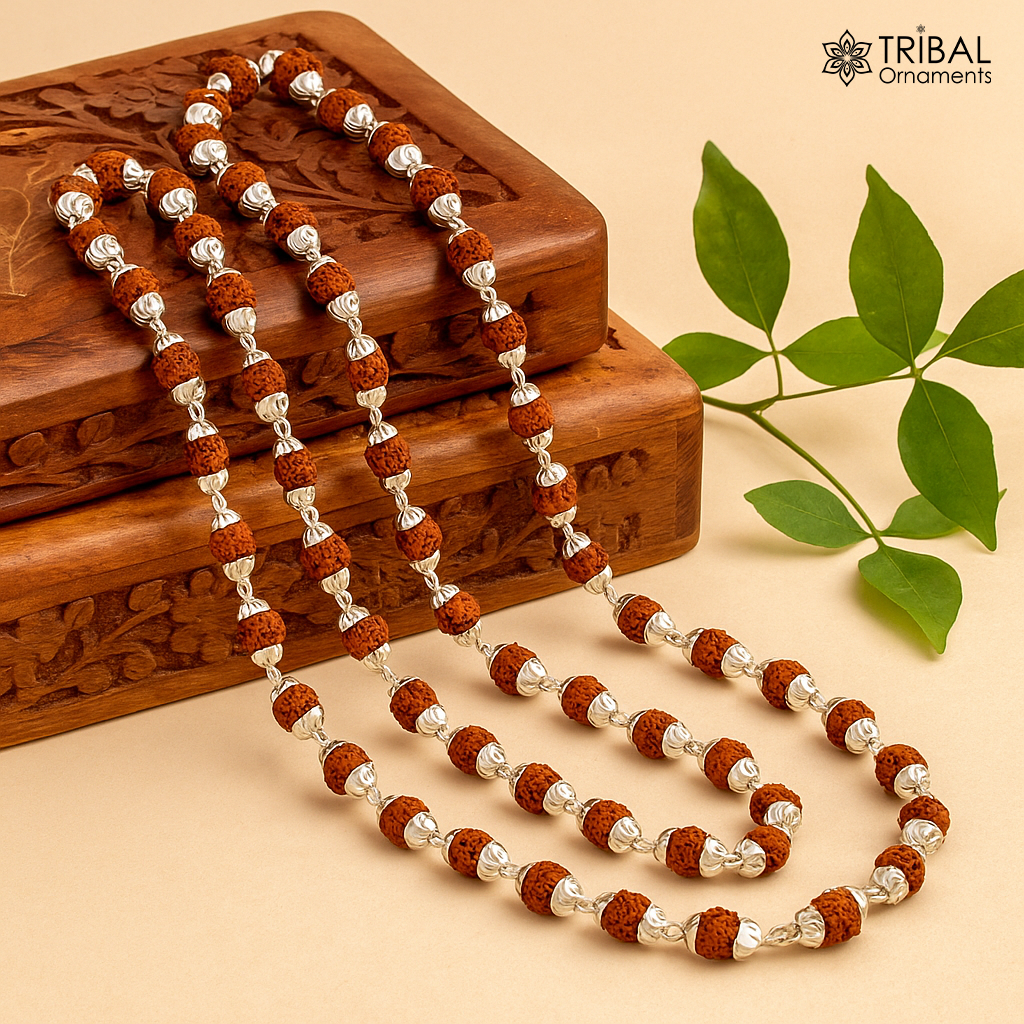 Handmade Sterling silver gorgeous natural Rudraksh beads 23" long 54 beads japp mala necklace chanting necklace praying mantra ch79 - TRIBAL ORNAMENTS