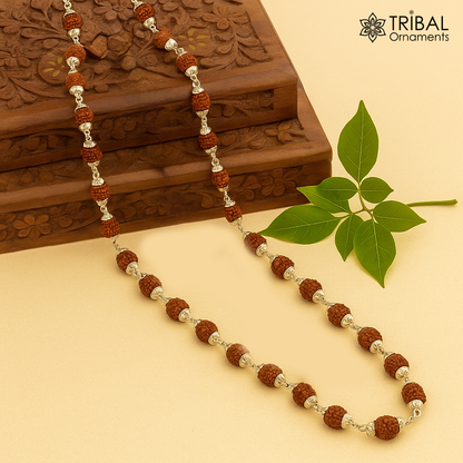 Handmade sterling silver Rudraksh beads japp mala necklace, 26 inches long with 54 natural beads, from Rajasthan, India.