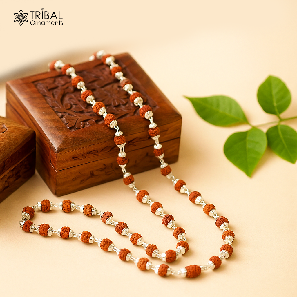 Handmade Sterling silver gorgeous natural Rudraksh beads 26" long 54 beads japp mala necklace chanting necklace praying mantra ch83 - TRIBAL ORNAMENTS