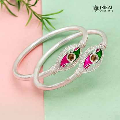 Handmade vintage silver baby bangle with colorful enamel design, unisex kids jewelry from TRIBAL ORNAMENTS.