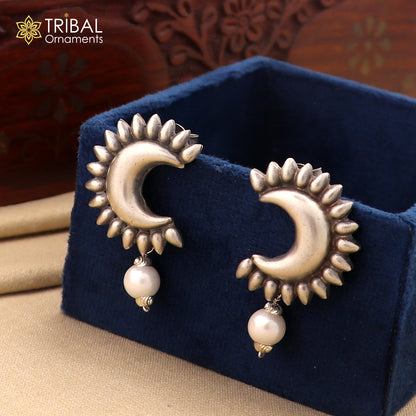 Handmade vintage 925 sterling silver half moon stud earrings with hanging pearl from Tribal Ornaments, showcasing elegant jewelry design.