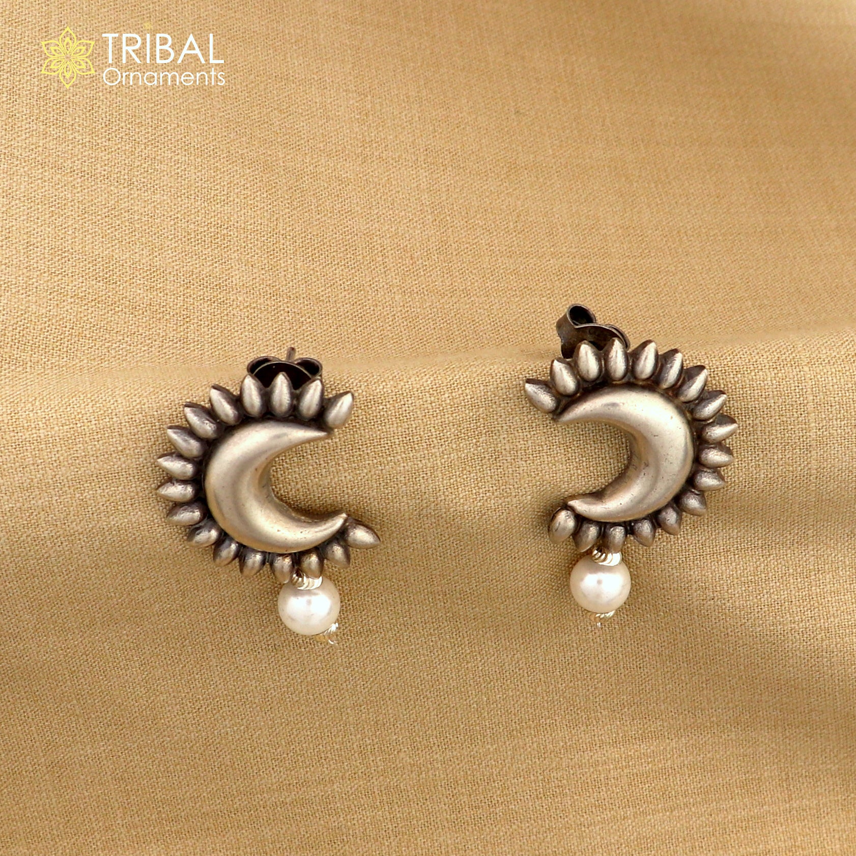 Handmade vintage design 925 sterling silver fabulous half moon style stud earrings with fabulous hanging pearl stud earring jewelry s1297 - TRIBAL ORNAMENTS