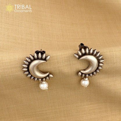 Sterling silver half-moon stud earrings with hanging pearl, handmade vintage design by TRIBAL ORNAMENTS.