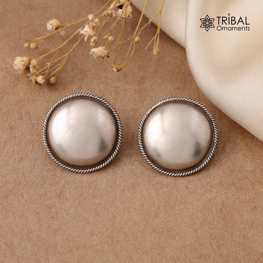 High quality 925 sterling silver plain style handmade round design fabulous Stud earrings tribal jewelry from Rajasthan india  s526 - TRIBAL ORNAMENTS