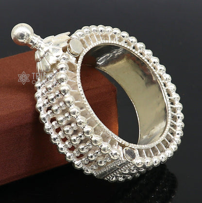 Indian traditional 925 sterling silver cuff kada bracelet with intricate cultural design, handmade tribal bangle for brides.