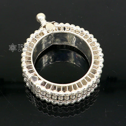 Indian traditional sterling silver cuff bracelet with intricate cultural design, handmade tribal bangle for brides.