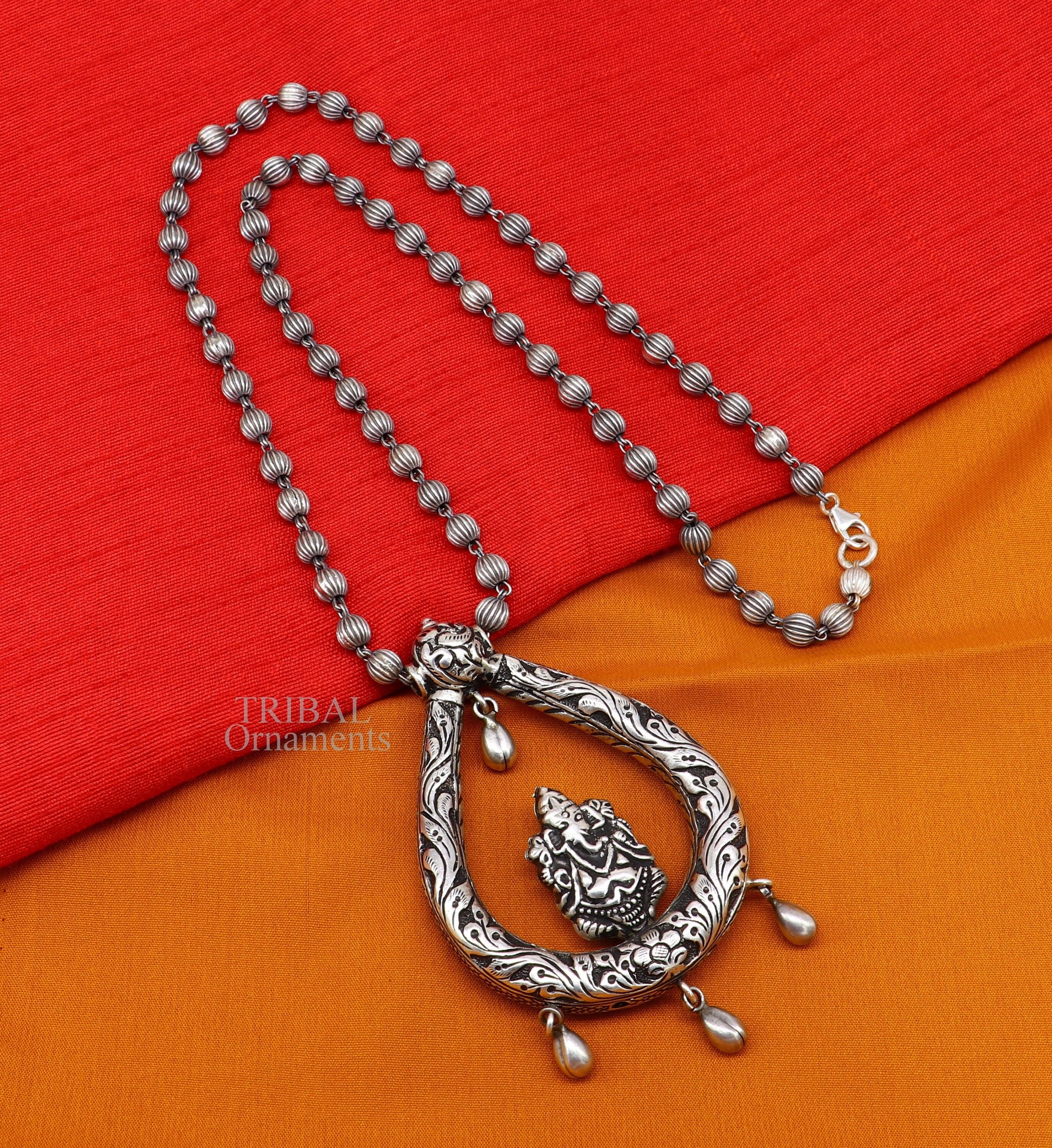 Indian traditional cultural style trendy 925 sterling silver Ganesha pendant with beaded necklace, choker tribal ethnic jewellery set338 - TRIBAL ORNAMENTS