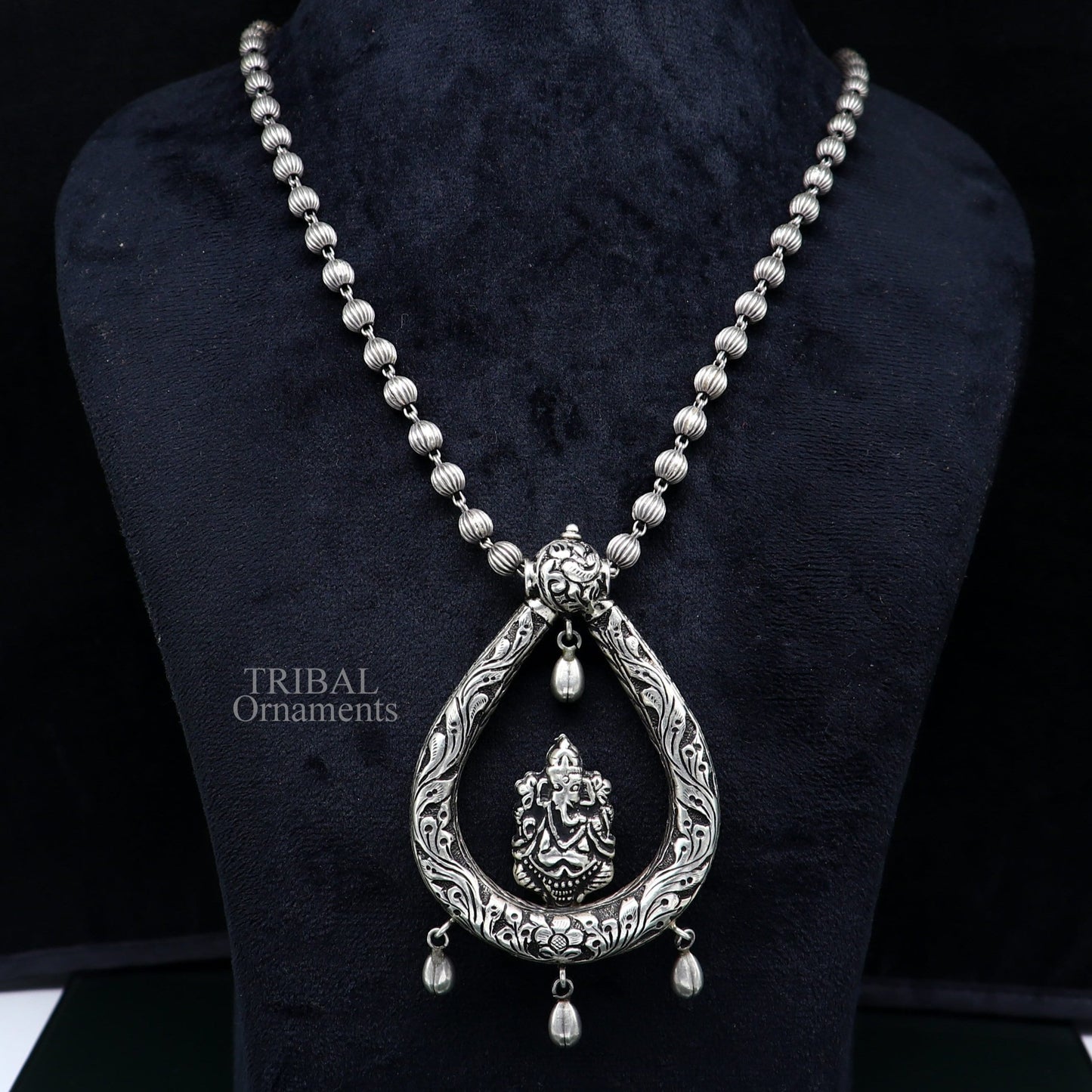 Indian traditional cultural style trendy 925 sterling silver Ganesha pendant with beaded necklace, choker tribal ethnic jewellery set338 - TRIBAL ORNAMENTS