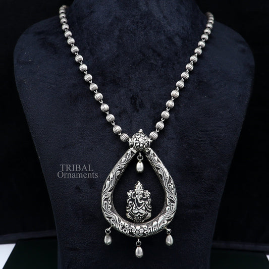 Indian traditional cultural style trendy 925 sterling silver Ganesha pendant with beaded necklace, choker tribal ethnic jewellery set338 - TRIBAL ORNAMENTS