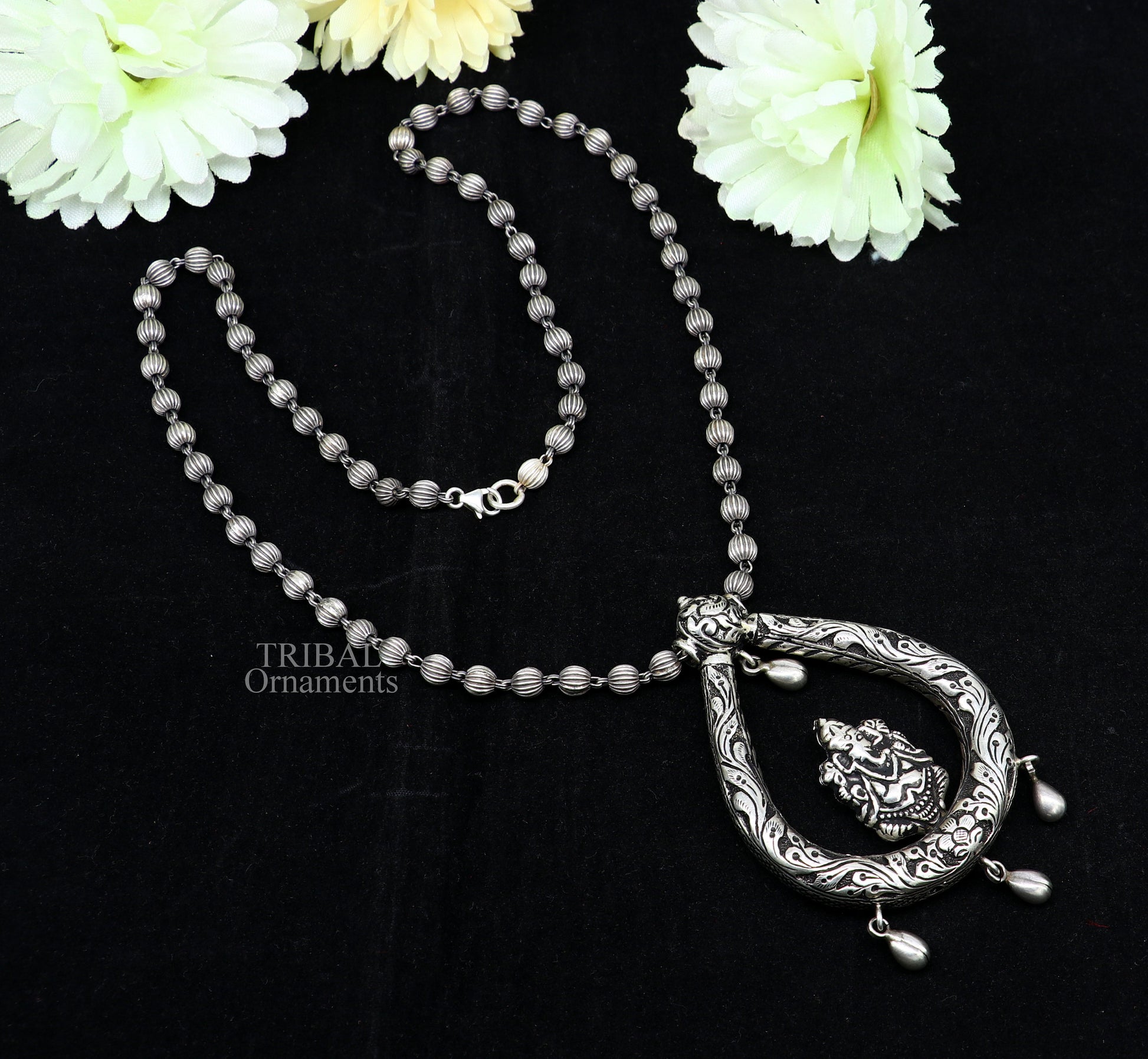 Indian traditional cultural style trendy 925 sterling silver Ganesha pendant with beaded necklace, choker tribal ethnic jewellery set338 - TRIBAL ORNAMENTS