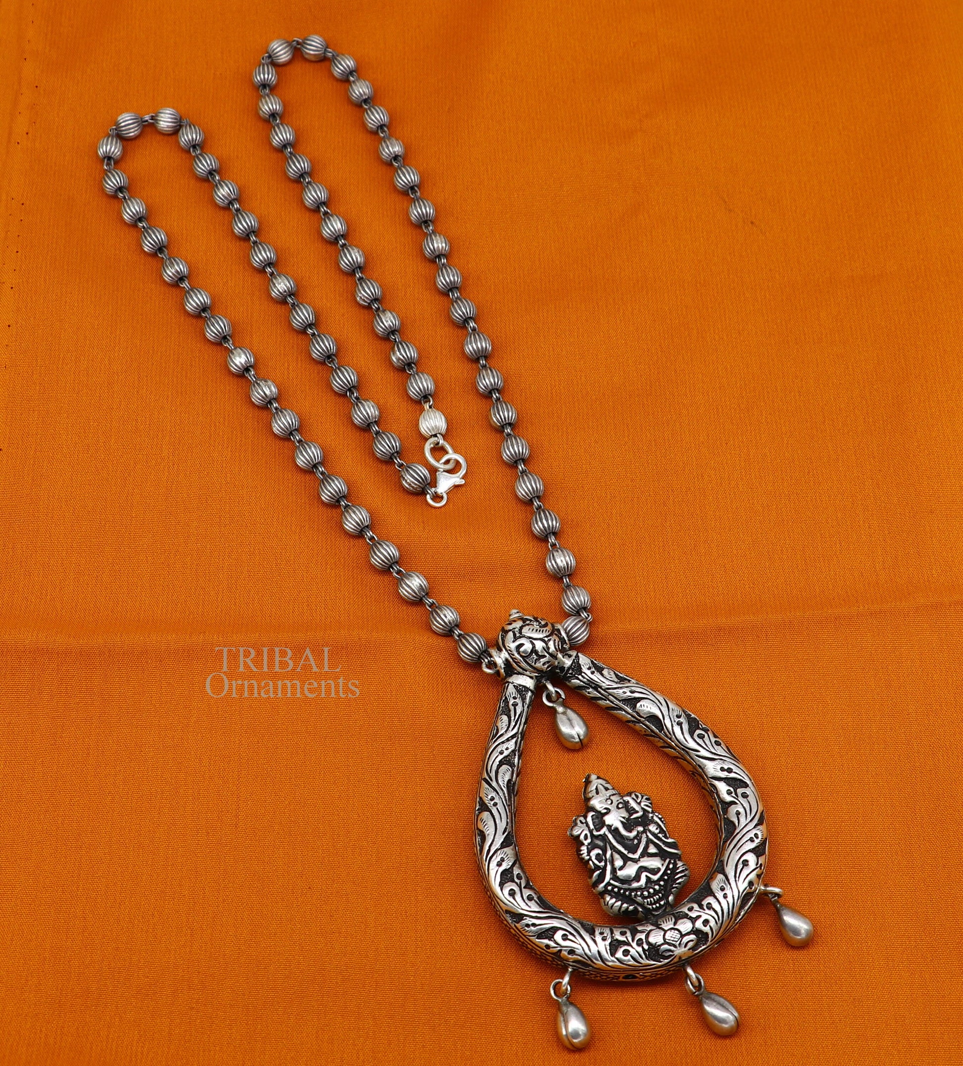 Indian traditional cultural style trendy 925 sterling silver Ganesha pendant with beaded necklace, choker tribal ethnic jewellery set338 - TRIBAL ORNAMENTS