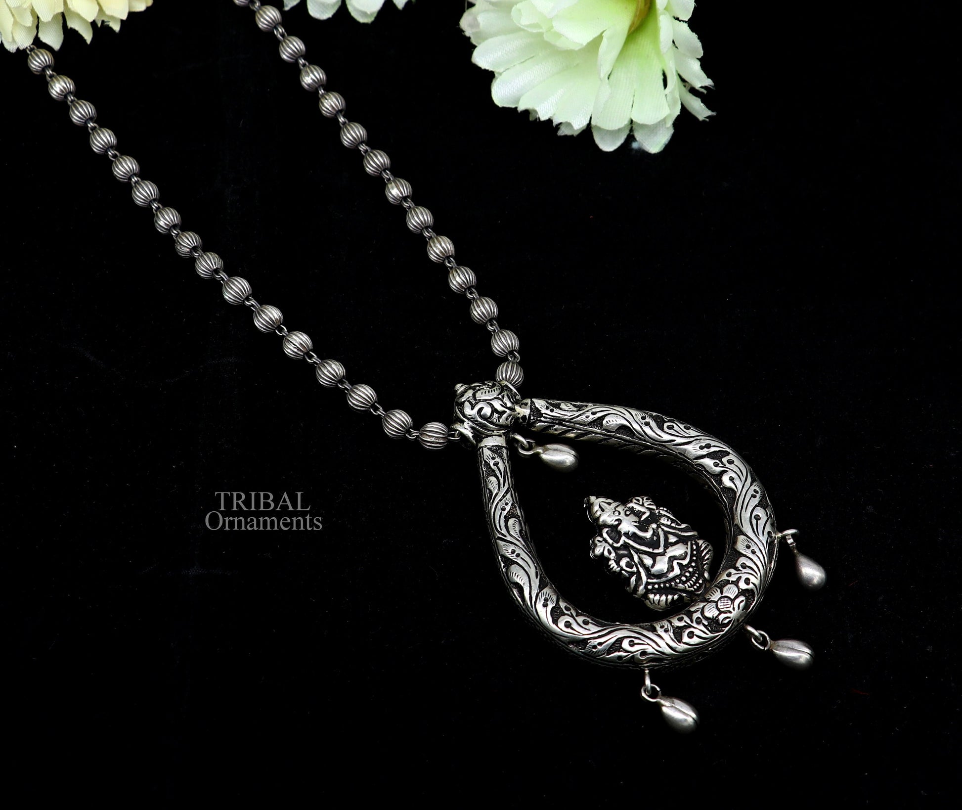 Indian traditional cultural style trendy 925 sterling silver Ganesha pendant with beaded necklace, choker tribal ethnic jewellery set338 - TRIBAL ORNAMENTS